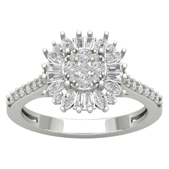 ARAIYA FINE JEWELRY Sterling Silver Round Baguette and Marquise Lab Grown Diamond Halo Flower Shape Ring (1 cttw, D-F Color, VS Clarity), Size 10
