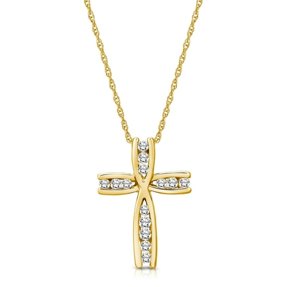 Araiya Fine Jewelry 10K Yellow Gold Diamond Cross Pendant Necklace for Women (1/2 Cttw, I-J Color, I2-I3 Clarity), 18"