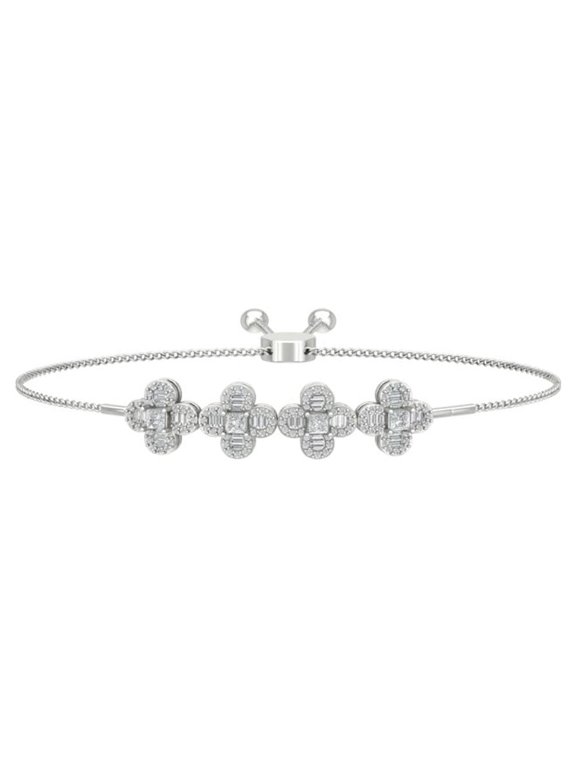 JEWELRY 14k White Gold Diamond Flower Bolo Bracelet (1 1/3 Cttw, I-J/ I2-I3), 7"