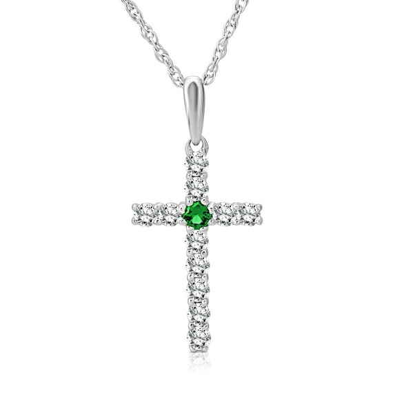 Araiya Fine Jewelry 925 Sterling Silver Diamond and Created Emerald Cross Pendant Necklace for Women (1/4 Cttw, I-J Color, I2-I3 Clarity), 18"