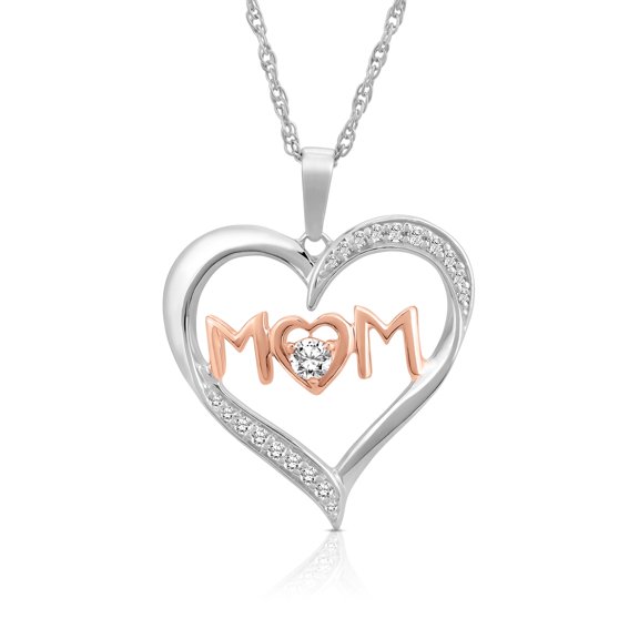 ARAIYA JEWELRY 925 Sterling Silver and 10K Rose Gold Diamond Mom Heart Pendant Necklace for Women (1/6 Cttw, I-J Color, I2-I3 Clarity), 18"