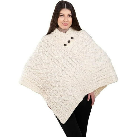 ARAN ISLE Ladies Poncho 100% Virgin Wool Aran Cable Knit Shawl Neck with Buttons Sweater