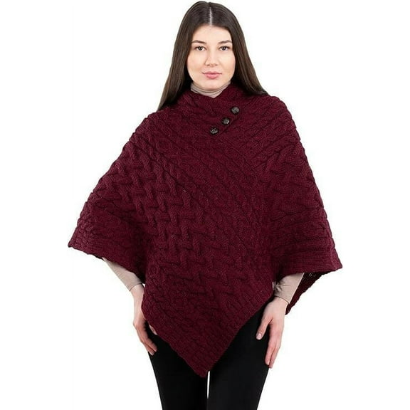 ARAN ISLE Ladies Poncho 100% Virgin Wool Aran Cable Knit Shawl Neck with Buttons Sweater