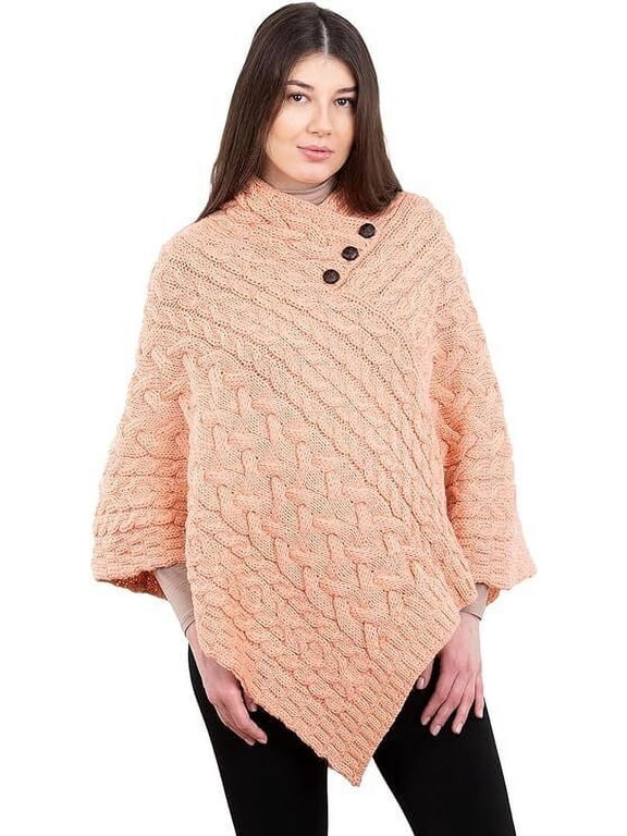 Ladies Poncho 100% Virgin Wool Aran Cable Knit Shawl Neck with Buttons Sweater