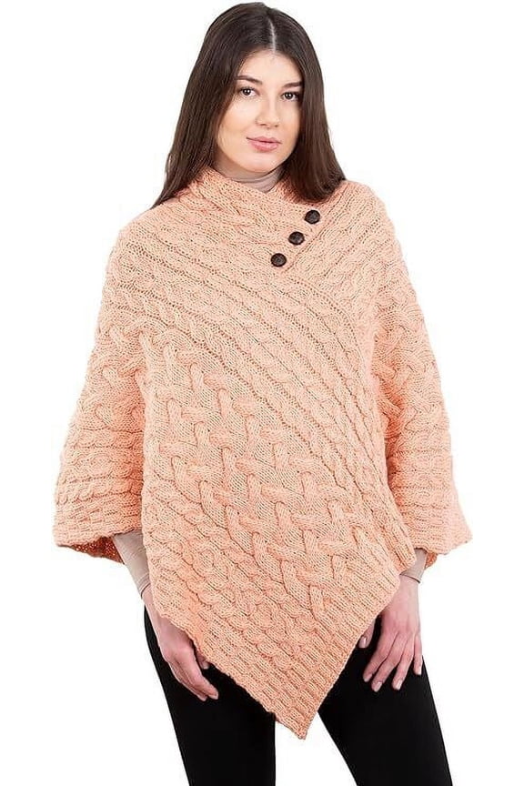 Ladies Poncho 100% Virgin Wool Aran Cable Knit Shawl Neck with Buttons Sweater