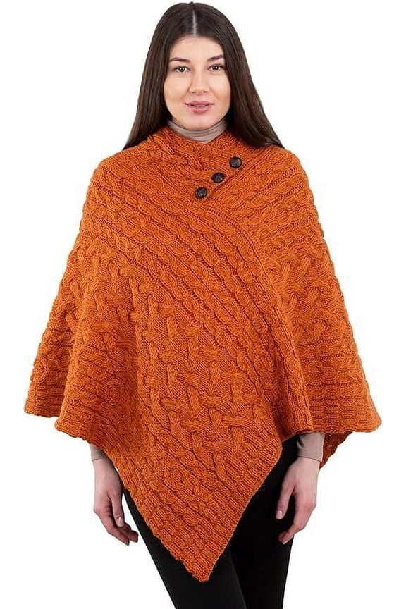 Ladies Poncho 100% Virgin Wool Aran Cable Knit Shawl Neck with Buttons Sweater