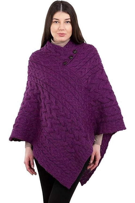 Ladies Poncho 100% Virgin Wool Aran Cable Knit Shawl Neck with Buttons Sweater