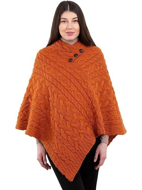 Ladies Poncho 100% Virgin Wool Aran Cable Knit Shawl Neck with Buttons Sweater