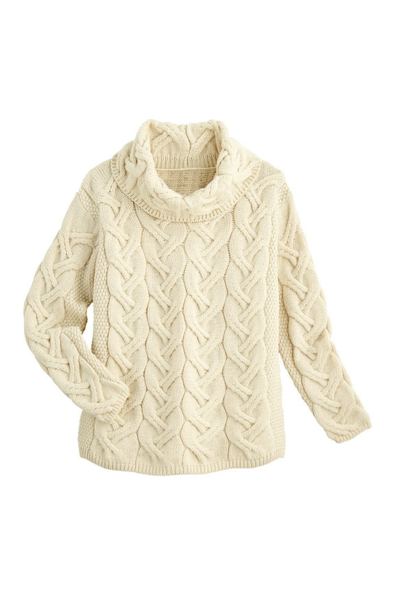 Women's Aran Knit Sweater, Merino Wool Cowl Neck Ca