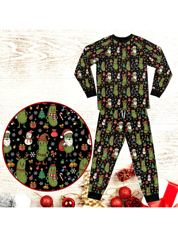 Christmas Pickle Matching Family Pajama Set, Funny Holiday Pickle Santa Elf Reindeer Snowman Print Long Sleeve Top and Pants, Cozy Lounge Set Family Matching, Gift for Pickle Lovers
