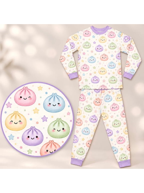 Cute Pastel Dumpling Pajama Set, Kawaii Squishy Dumplings Face Star Print 2-Piece Long Sleeve Top and Pants Sleepwear, Dumpling Lover Gift PJs