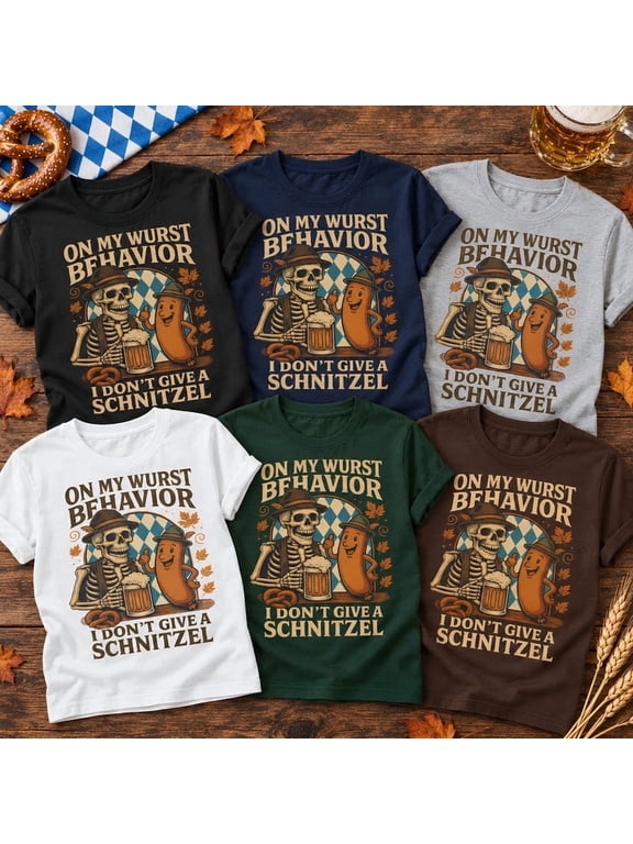 Funny Oktoberfest T-Shirt, On My Wurst Behavior I Don’t Give a Schnitzel, Bavarian Beer Mug Pretzel Sausage German Festival Fall Graphic Tee