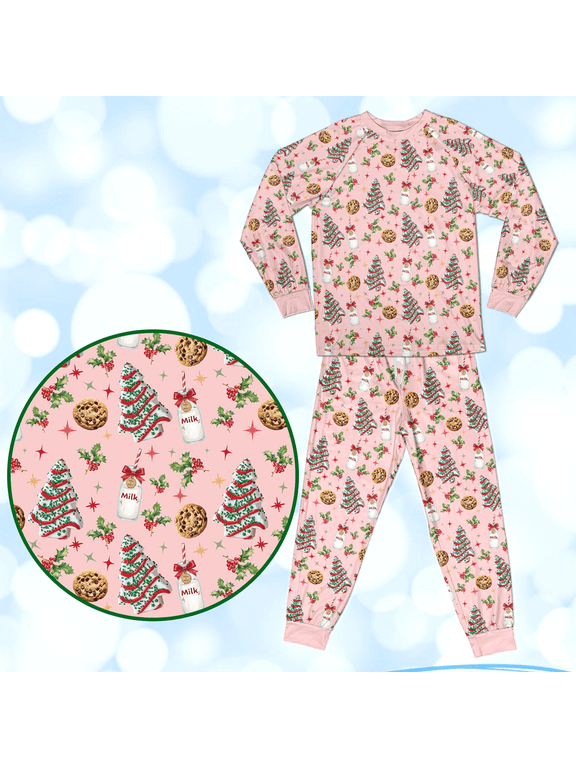 Milk and Cookies Christmas Pajama Set, Christmas Tree Cookie Holly Berry Holiday Print 2-Piece Long Sleeve Top and Pants Sleepwear, Sprinkles Xmas Tree Cookie Lovers
