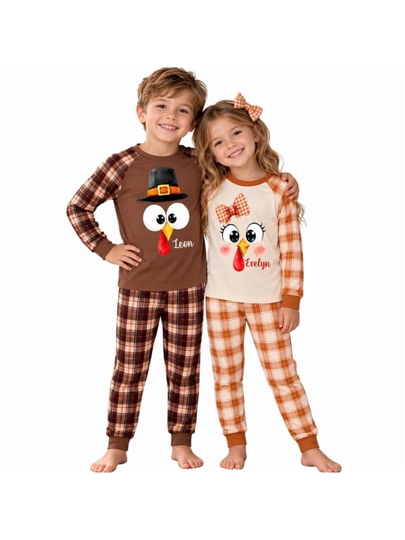 Personalized Thanksgiving Turkey Plaid Pajama Set, Custom Name Autumn 2-Piece Long Sleeve Top and Pants, Cute Fall Plaid Sleepwear