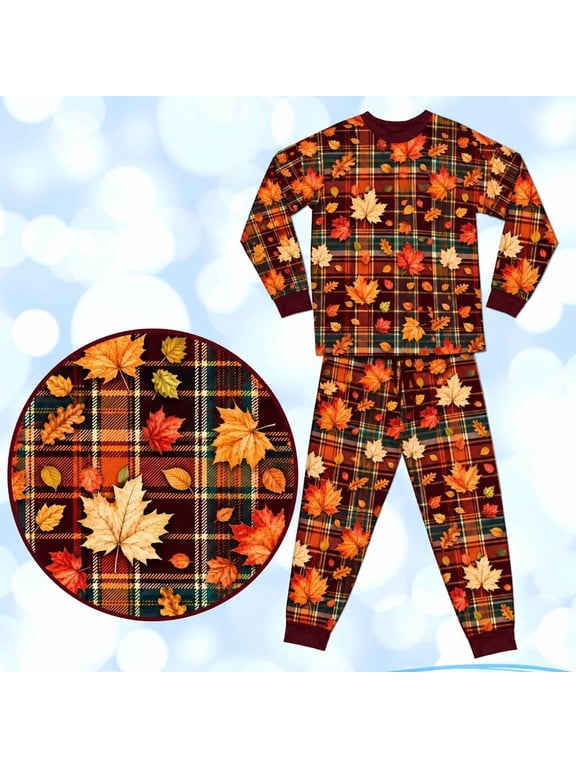 Thanksgiving Autumn Leaves Plaid Pajama Set, 2 Piece Fall Long Sleeve Sleepwear with Matching Pants, Cozy Autumn Costume Family Matching PJs