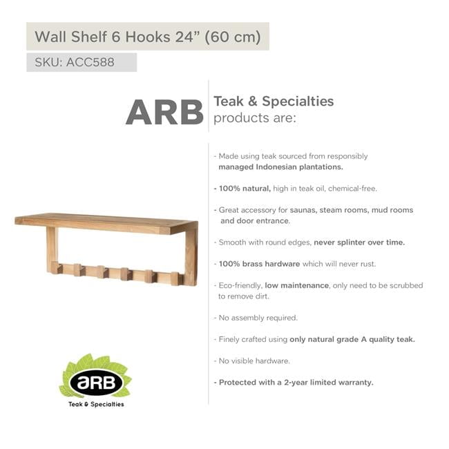 Teak Wall Shelf with 6 Hooks and Brass Hardware