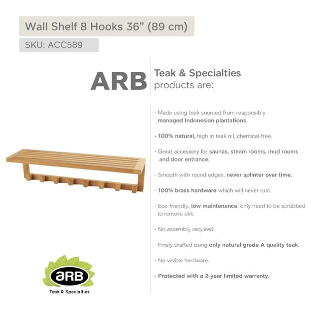 Natural Teak Wall Shelf with 8 Hooks