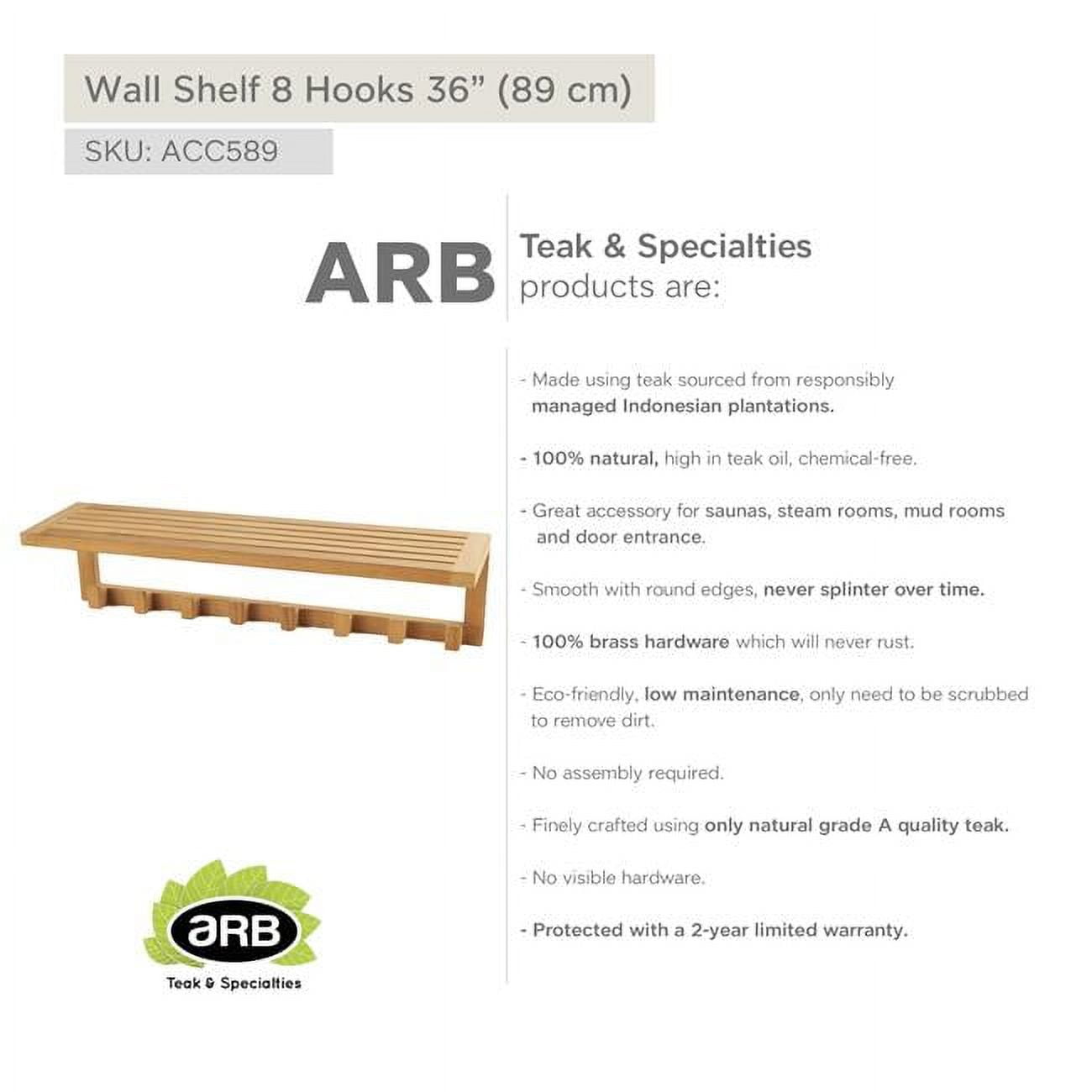 Natural Teak Wall Shelf with 8 Hooks