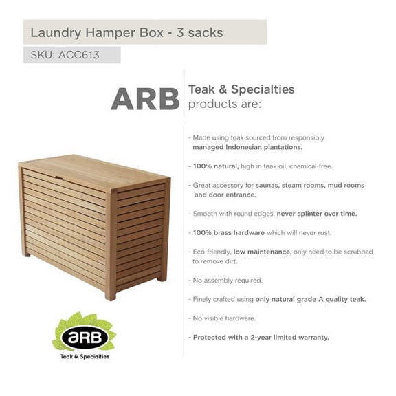 ARB TEAK & SPECIALTIES ACC613 Teak Laundry Towel Box Hamper with 3 Sacks