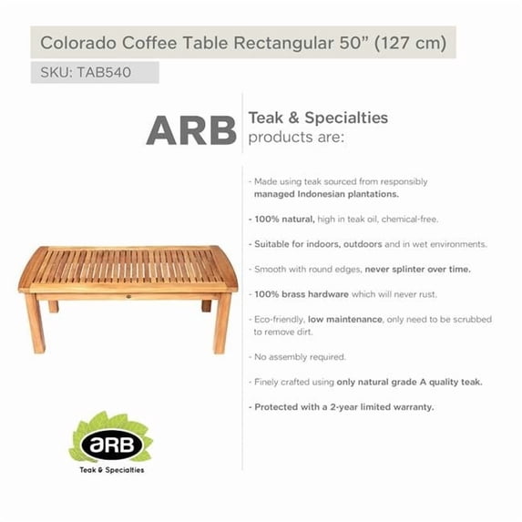 ARB TEAK & SPECIALTIES TAB540 Teak Coffee Table Colorado - Rectangular 50 x 24' (125 x 60 cm)
