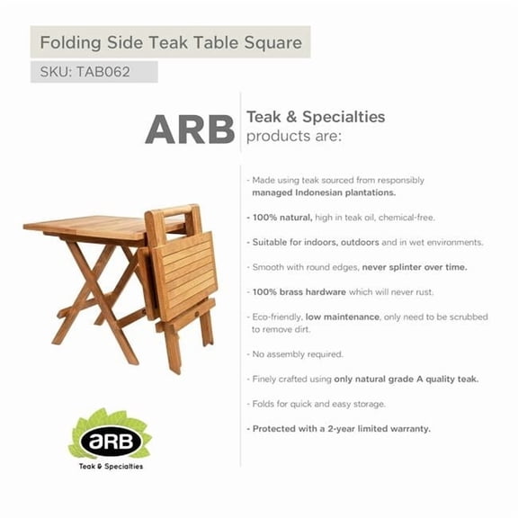 ARB TEAK & SPECIALTIES TAB062 Teak Folding Side Table - Square 20' (50 cm)