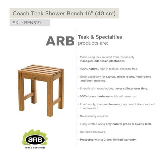 ARB TEAK & SPECIALTIES BEN519 Teak Shower Bench Coach 16' (40 cm)