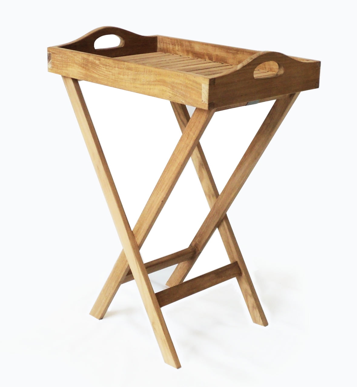 Teak Wood Folding Serving Tray with Handles and Stand