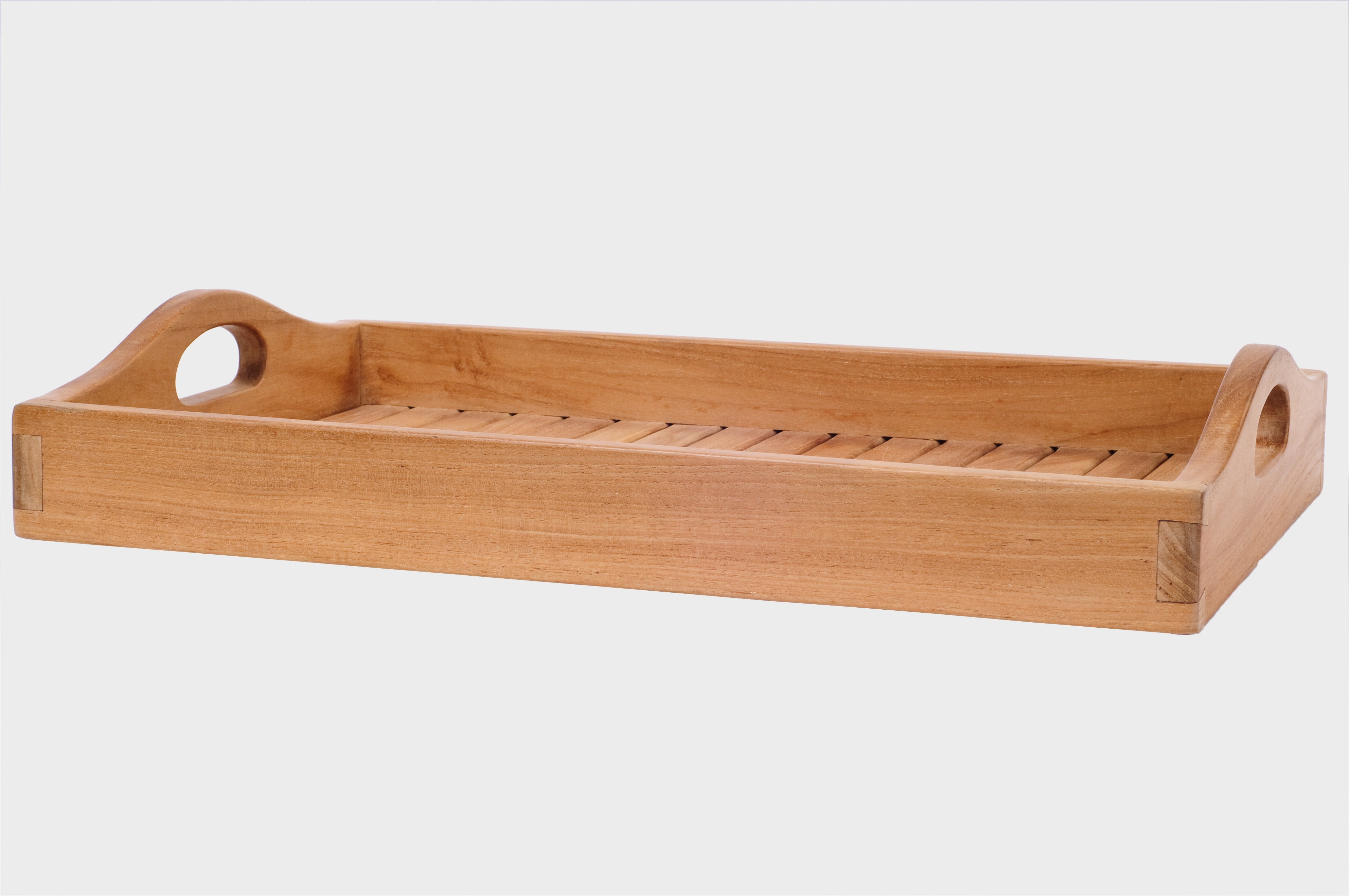 Natural Teak Wood Rectangular Serving Tray with Cut Out Handles