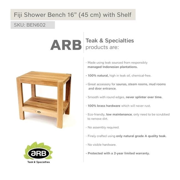 ARB TEAK & SPECIALTIES BEN602 Teak Shower Bench Fiji 18' (45 cm) with Shelf