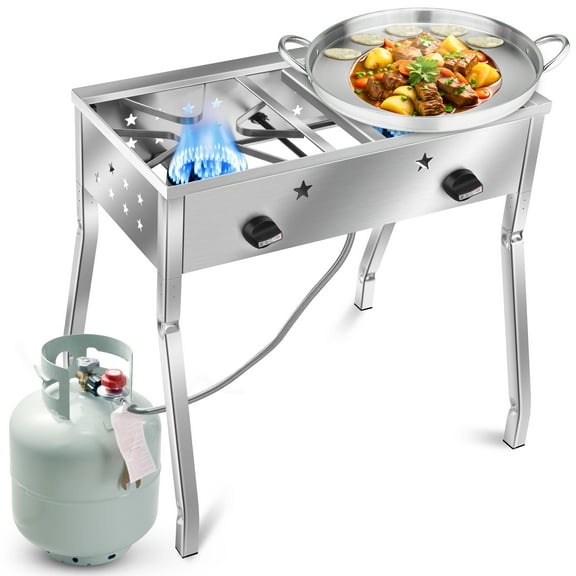 ARC 150,000 BTU Double Burner Stove With 23" Discada Comal Set | Outdoor Camping Cookware for Tacos, Tortillas | Stainless Steel Griddle & Propane Stove Combo