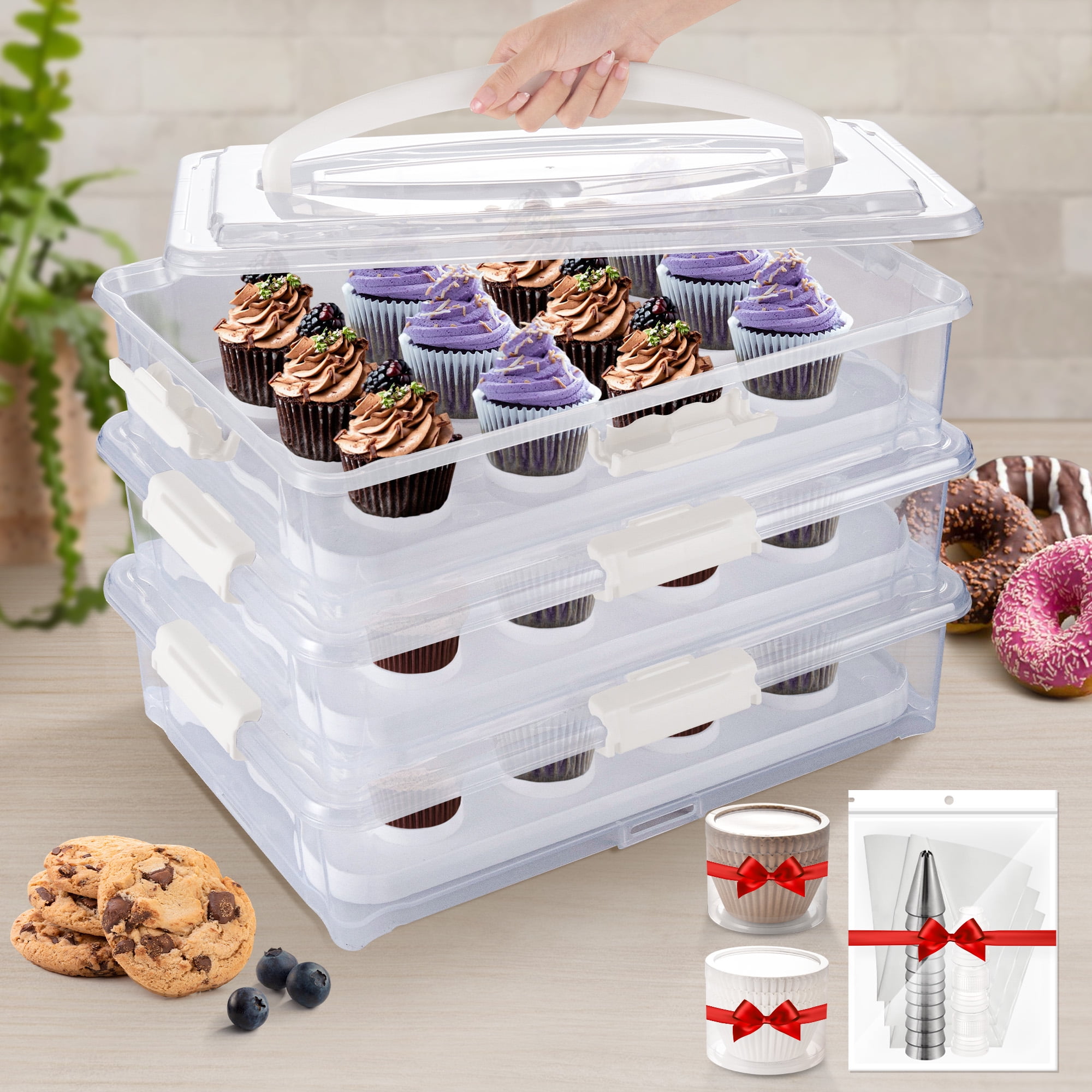 Arc 3-Tiers Cupcake Carrier White - Cupcake Portable Storage Box Dessert Holder with Lid and HandleGreat for Party.Cake Transport Container Store Up