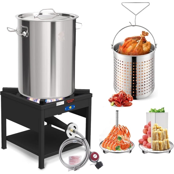ARC 32QT Stainless Steel Pot with 200,000 BTU Propane Burner - Seafood Boil Pot, Crab Boil Pot, Lobster Pot, Shrimp Boil Pot, Tamale Steamer Pot with Basket and Turkey Fryer Burner
