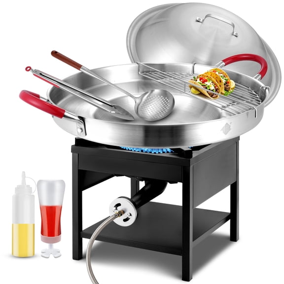 ARC Stainless Steel 20" Mexican Comal Griddle Pan With Single Burner Propane Stove, 200,000BTU Cast Iron High Pressure Outdoor Propane Burner Cooker7Pcs Discada Disc Cooker, Large Cookware Set