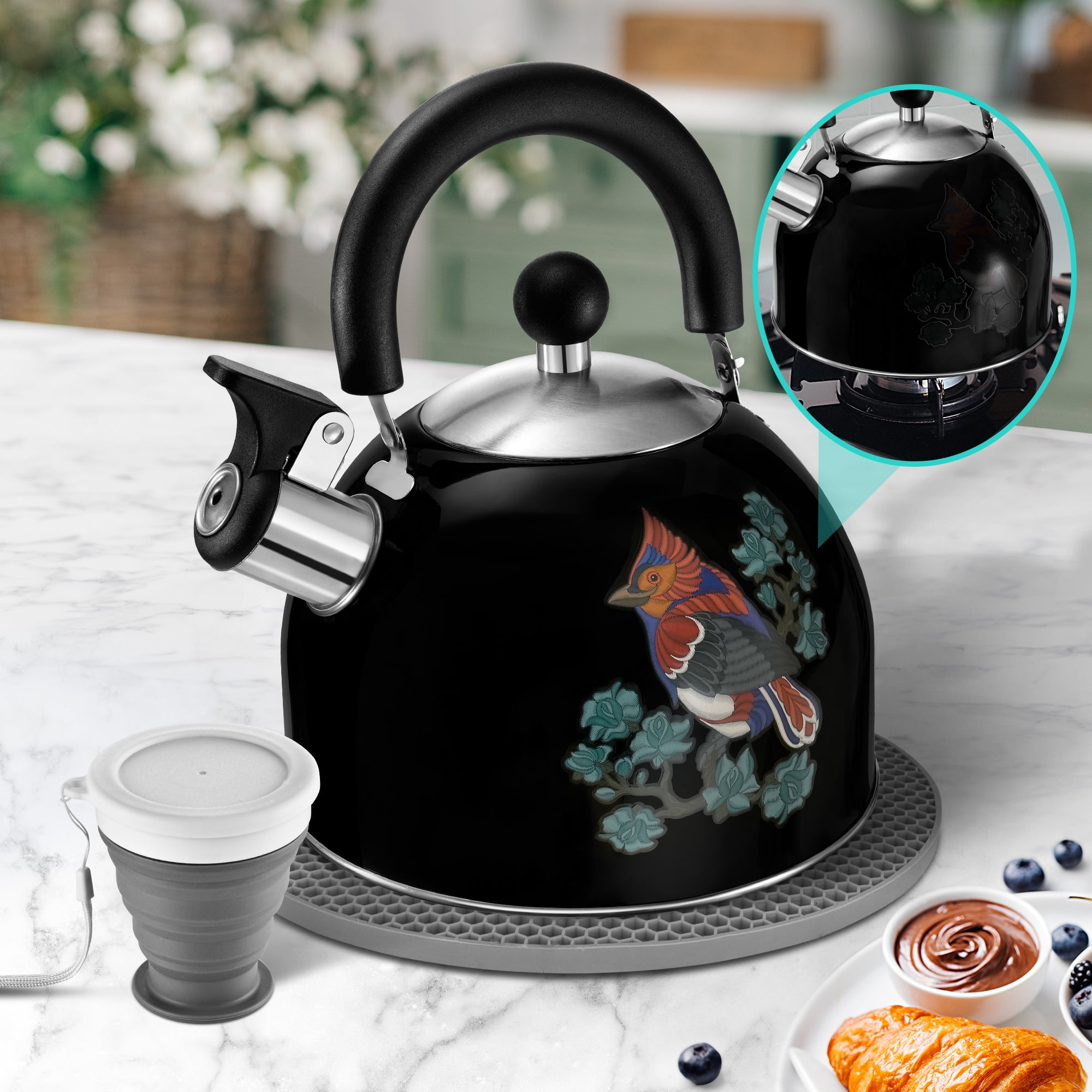 ARC Stainless Steel 2QT Whistling Tea Kettle - Black - Magic Color ...