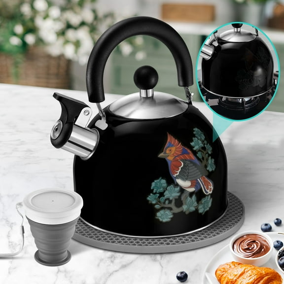 ARC Stainless Steel  2QT Whistling Tea Kettle - Black - Magic Color Changing Design Tea Pot - Ergonomic Handle Stovetop Whistle Kettle - Free Folding Cup and Trivet Mat Included