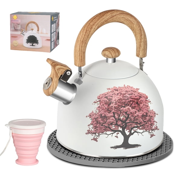 ARC Stainless Steel 2QT Whistling Tea Kettle - Milky white - Magic Color Changing Design Tea Pot - Ergonomic Handle Stovetop Whistle Kettle - Free Folding Cup and Trivet Mat Included