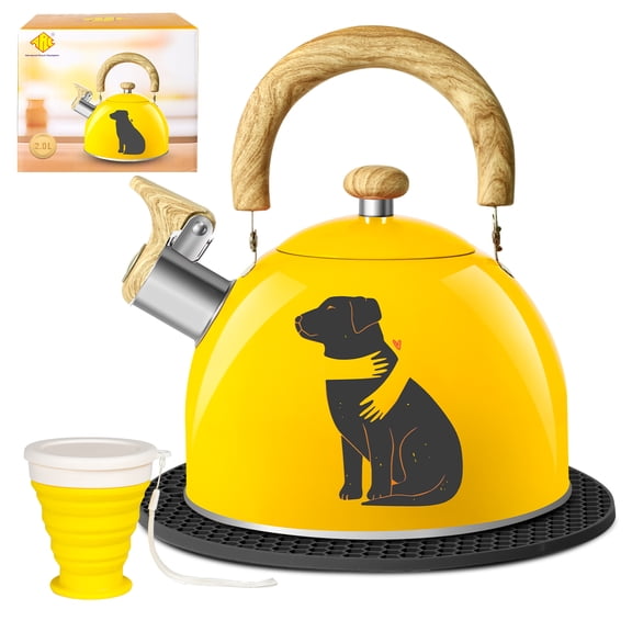 ARC Stainless Steel 2QT Whistling Tea Kettle - Yellow- Magic Color Changing Design Tea Pot - Ergonomic Handle Stovetop Whistle Kettle - Free Folding Cup and Trivet Mat Included