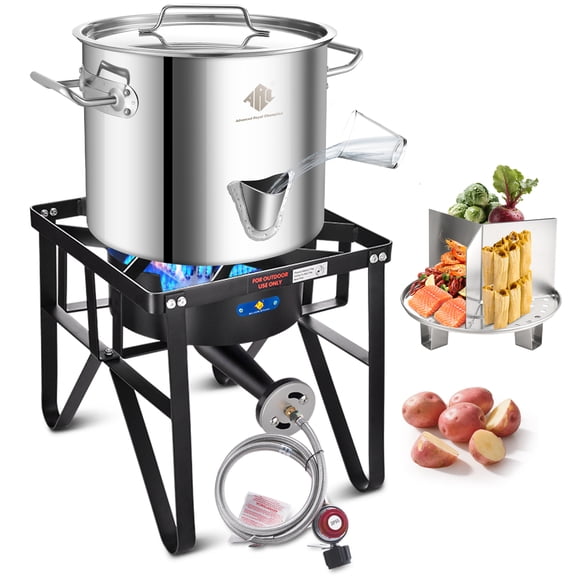 ARC Stainless Steel Steamer Pot with Propane Burner for Outdoor Cooking - Large Pot with Water Spout, Divider and Steamer Rack (Cast Iron, 20)