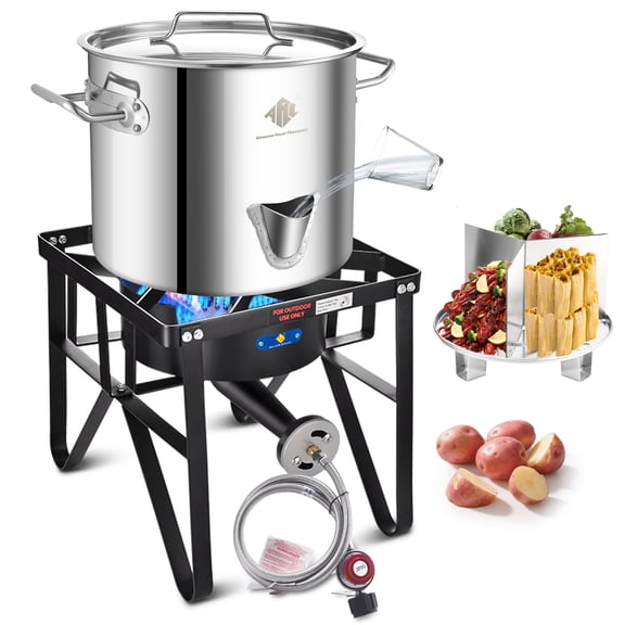 ARC Stainless Steel Steamer Pot with Propane Burner for Outdoor Cooking - Large Pot with Water Spout, Divider and Steamer Rack (Cast Iron, 24)
