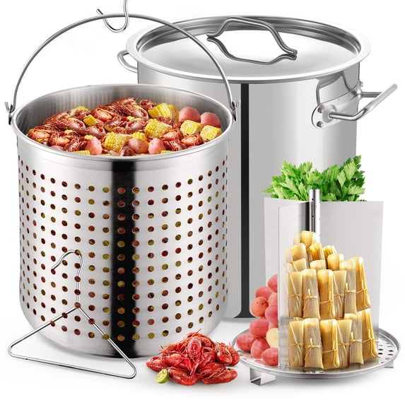 ARC USA 64QT 16Gallon Stainless Steel Stock Pot All in One Function with Strainer Basket,Lid,Steamer Divider and Hook Outdoor Cooking and Home Brewing