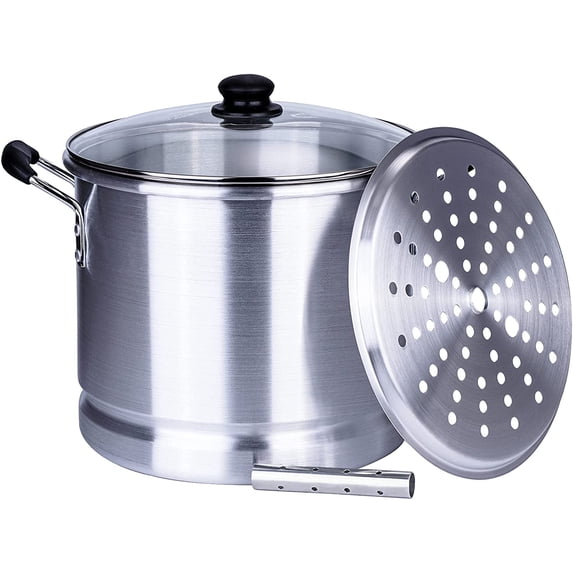 ARC USA Aluminum Tamale Steamer Pot Stock Pot with Steamer Rack & Steamer Tube Bakelite Handle Silver 32 Quart
