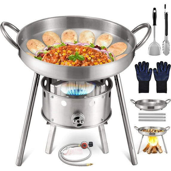 Heavy Duty 21" Stainless Steel Single Burner Propane Stove with Comal Set ,37,000 BTU High-Pressure Outdoor Propane Burner Cooker,Discada Disc Cooker,Great for backyard and outdoor cooking