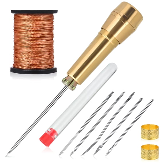 ARCADORA 10pc Leather Sewing Awl Needle Set 6 Needles Copper Handle 45m Nylon Thread 2 Thimbles for Car Seat Sofa Leather Repair DIY Craft