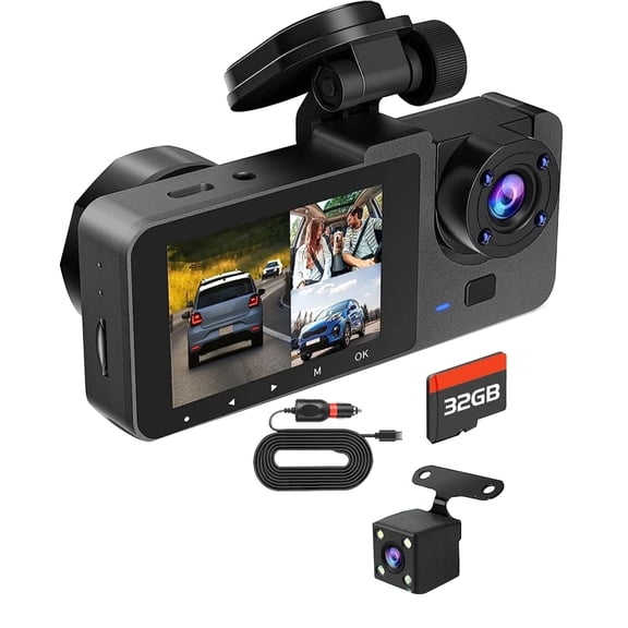 ARCADORA 3 Channel Dash Cam Front Inside Rear Camera WDR Night Vision 32GB Card Included WIFI APP Control For Vehicle Driving Recording