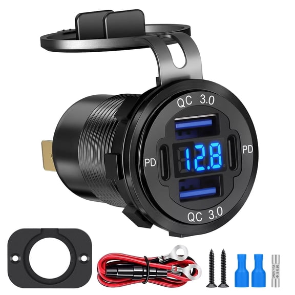 ARCADORA 78W USB Charger 4 Port QC3.0 USB-A USB-C 12V 24V Voltmeter RV Boat Motorcycle ATV Adapter Dustproof Car Power Outlet Fast Charge