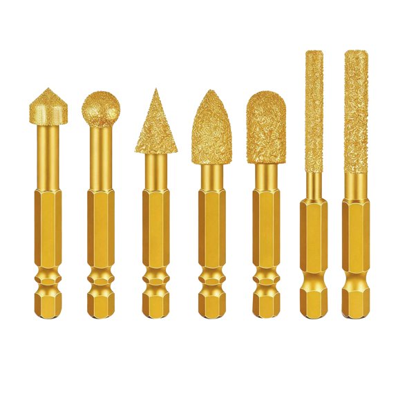 ARCADORA 7Pcs Diamond Grinding Bits 6mm Hex Shank Gold For Glass Stone Marble Granite Ceramic Engraving Polishing