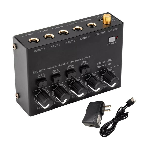 ARCADORA Compact 4-Channel Audio Mixer for Guitar Bass Keyboard with Independent Volume Control Stereo Mono Switching