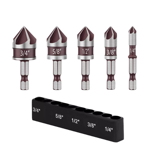 ARCADORA Countersink Drill Bit Set 5 Flute 82 Degree 1/4 3/4” HSS Cobalt Deburring Chamfer Wood Metal Plastic Composite Use