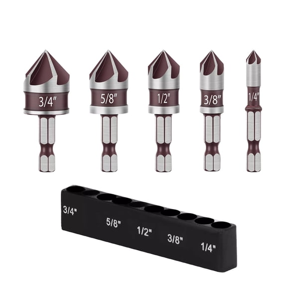 ARCADORA Countersink Drill Bit Set 5 Flute 82 Degree 1/4 3/4 HSS Cobalt Deburring Chamfer Wood Metal Plastic Composite Use