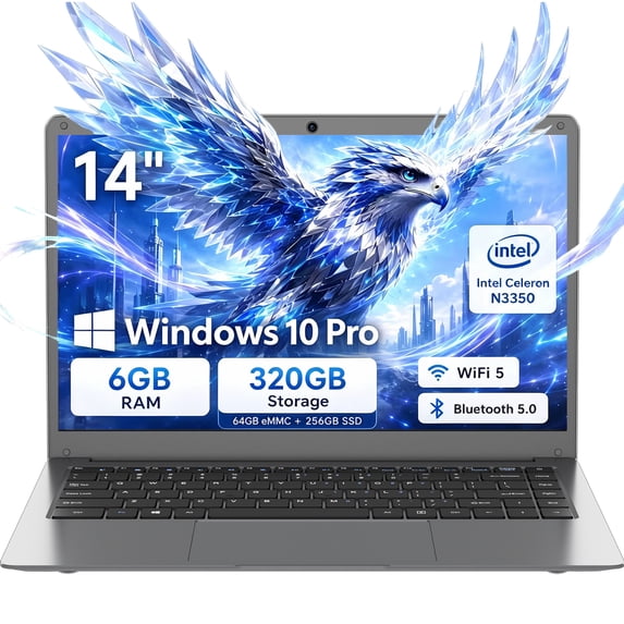 ARCBUC 14" Laptop , 6 GB RAM, 320GB SSD, N3350 with 2 Cores, FHD Display, Windows10 PRO for Business, Student, Dark Gray